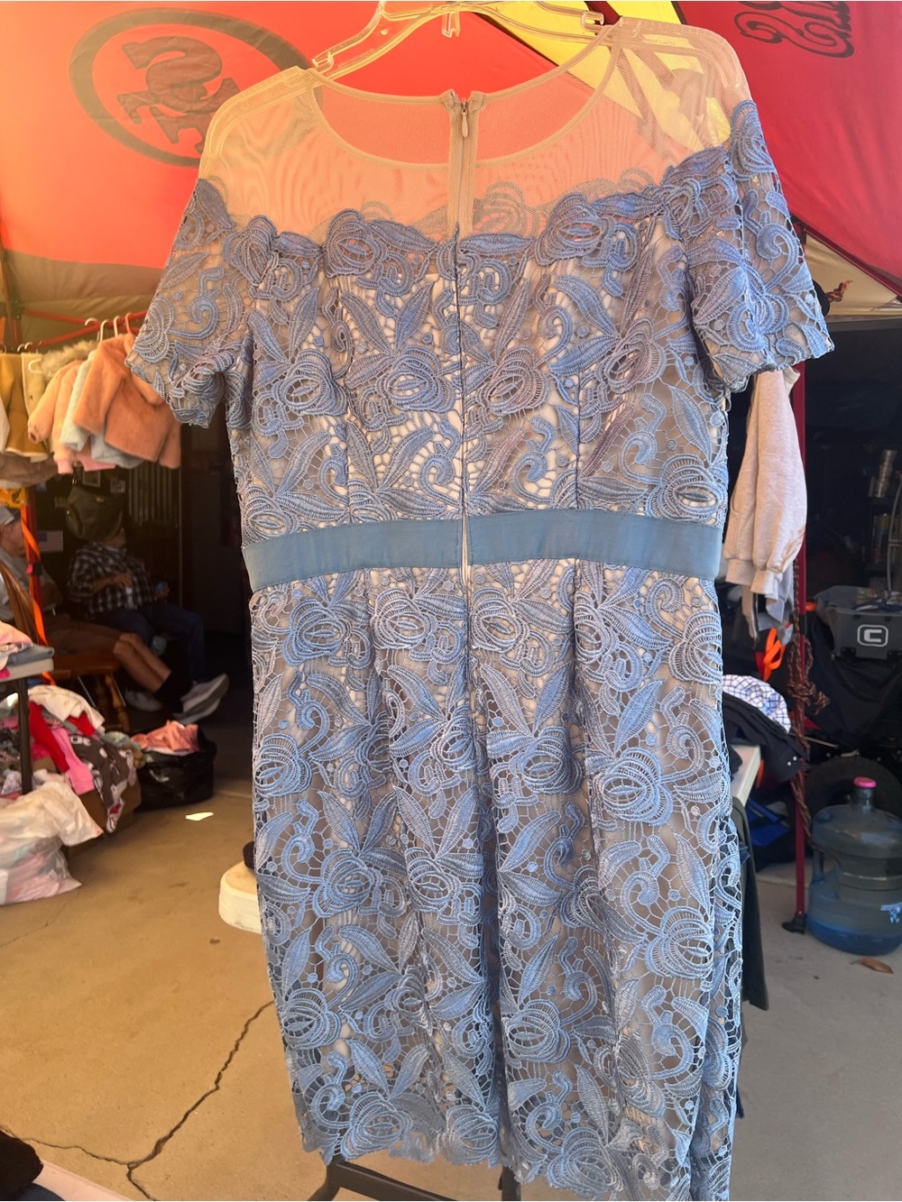 Light Blue Lace Fit-and-Flare Dress with Sheer Yoke